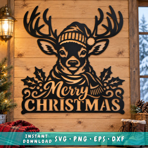 Merry Christmas Reindeer Laser SVG | Christmas Deer DXF | Winter Antlers Metal Wall Art | Holiday Plasma CNC Cutting File SVG HappyDesignStudio 