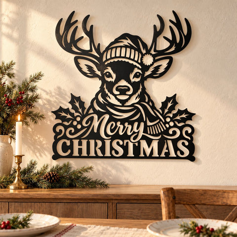 Merry Christmas Reindeer Laser SVG | Christmas Deer DXF | Winter Antlers Metal Wall Art | Holiday Plasma CNC Cutting File SVG HappyDesignStudio 