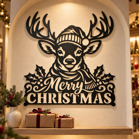 Merry Christmas Reindeer Laser SVG | Christmas Deer DXF | Winter Antlers Metal Wall Art | Holiday Plasma CNC Cutting File SVG HappyDesignStudio 