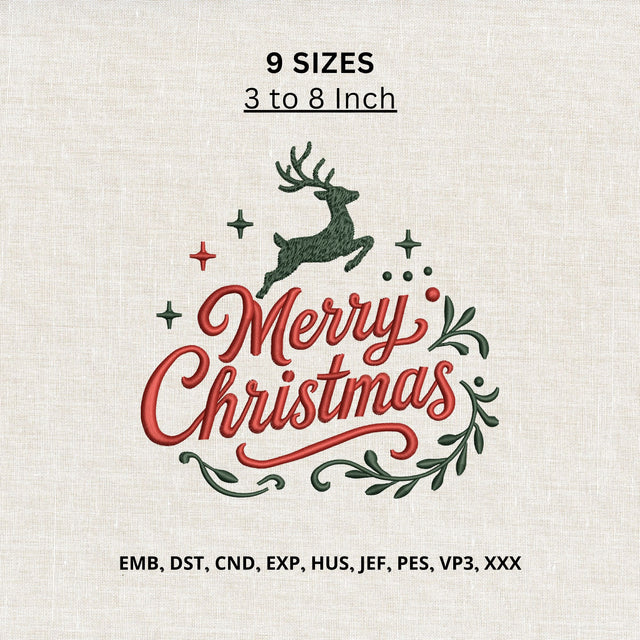 Merry Christmas Reindeer Machine Embroidery Design – Holiday Christmas Embroidery File Embroidery/Applique DESIGNS PatternFeed8 