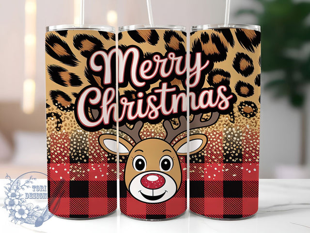 Merry Christmas Reindeer Tumbler, Leopard Buffalo Plaid Wrap, Holiday Animal Sublimation Design, 20oz Christmas Tumbler, Festive Reindeer Art, Whimsical Holiday Mug, Rustic Christmas Cup Sublimation ToriDesigns 