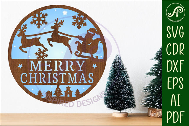 Merry Christmas Santa sleigh wall sign svg laser cut file SVG APInspireddesigns 