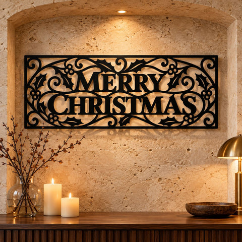 Merry Christmas Sign Laser SVG | Holly Berry Metal Wall Art DXF | Christmas Plaque Plasma Cutting File | Holiday CNC Decor SVG HappyDesignStudio 