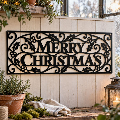 Merry Christmas Sign Laser SVG | Holly Berry Metal Wall Art DXF | Christmas Plaque Plasma Cutting File | Holiday CNC Decor SVG HappyDesignStudio 