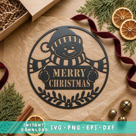 Merry Christmas Snowman Laser SVG | Snowman Christmas DXF | Holiday Metal Art Svg | Round Christmas Sign | Plasma CNC Cut File SVG HappyDesignStudio 