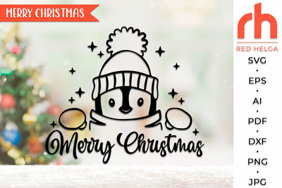 Merry Christmas SVG, Peeping Penguin DXF, Christmas Scene Cut File, Xmas Window Decor, Holiday Design Vector, Winter Theme, Penguin Outline SVG RedHelgaArt 
