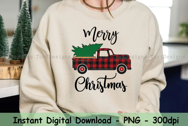 Merry Christmas Tree Buffalo Truck Tree Red Plaid Christmas Holiday Sublimation Design Download, Clipart, Instant Download Sublimation ToriDesigns 
