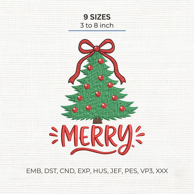 Merry Christmas Tree Embroidery Design – Christmas Bow Holiday Tree Machine Embroidery File Embroidery/Applique DESIGNS PatternFeed8 