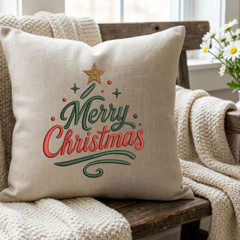 Merry Christmas Tree Embroidery Design – Holiday Script Christmas Star Machine Embroidery File, 9 Sizes Embroidery/Applique DESIGNS PatternFeed8 