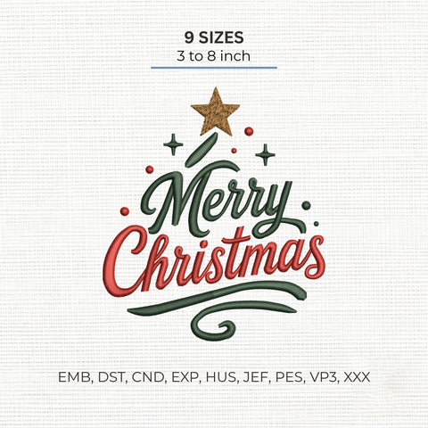 Merry Christmas Tree Embroidery Design – Holiday Script Christmas Star Machine Embroidery File, 9 Sizes Embroidery/Applique DESIGNS PatternFeed8 