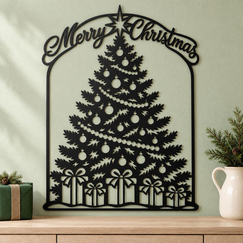Merry Christmas Tree Laser SVG | Decorated Christmas Tree DXF | Holiday Metal Wall Art | Christmas Plasma CNC Cutting File SVG HappyDesignStudio 