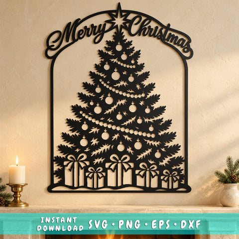 Merry Christmas Tree Laser SVG | Decorated Christmas Tree DXF | Holiday Metal Wall Art | Christmas Plasma CNC Cutting File SVG HappyDesignStudio 