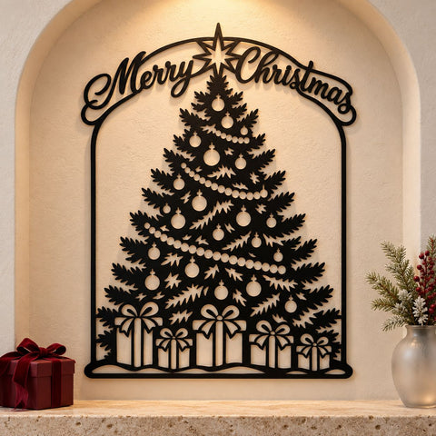 Merry Christmas Tree Laser SVG | Decorated Christmas Tree DXF | Holiday Metal Wall Art | Christmas Plasma CNC Cutting File SVG HappyDesignStudio 