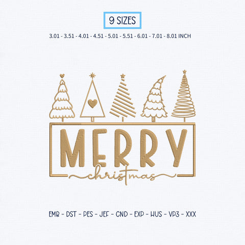 Merry Christmas Trees Embroidery Design – Five Christmas Trees Gold Holiday Typography Machine Embroidery File Embroidery/Applique DESIGNS PatternFeed8 