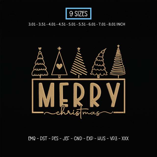 Merry Christmas Trees Embroidery Design – Five Christmas Trees Gold Holiday Typography Machine Embroidery File Embroidery/Applique DESIGNS PatternFeed8 