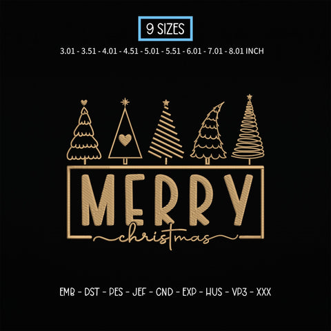 Merry Christmas Trees Embroidery Design – Five Christmas Trees Gold Holiday Typography Machine Embroidery File Embroidery/Applique DESIGNS PatternFeed8 