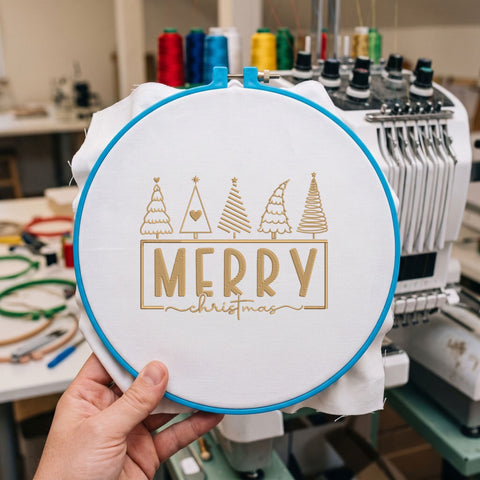 Merry Christmas Trees Embroidery Design – Five Christmas Trees Gold Holiday Typography Machine Embroidery File Embroidery/Applique DESIGNS PatternFeed8 