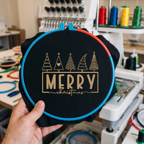 Merry Christmas Trees Embroidery Design – Five Christmas Trees Gold Holiday Typography Machine Embroidery File Embroidery/Applique DESIGNS PatternFeed8 
