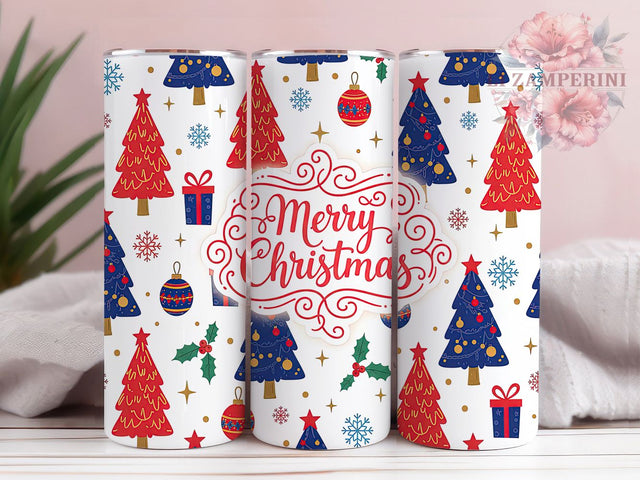 Merry Christmas Trees Tumbler, Holiday Tree Wrap, Festive Christmas Design, Sublimation Cup, 20oz Skinny Tumbler, Winter Holiday Drinkware, Christmas Tree Style Sublimation Li Zamperini 