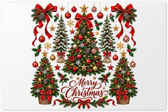 Merry Christmas Trees with Red Bows PNG SVG BillahCrafts 