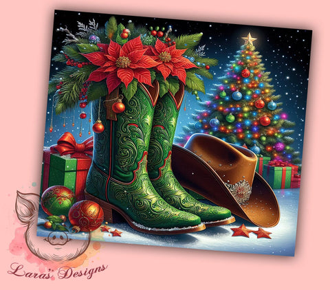 Merry Christmas Tumbler, Cowboy Boots Gift, Holiday Drinkware, Sublimation Wrap, Western Decor, Country Christmas, Festive Tumbler Sublimation Lara' s Designs 
