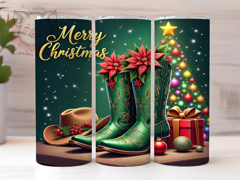 Merry Christmas Tumbler, Cowboy Boots Gift, Holiday Drinkware, Sublimation Wrap, Western Decor, Country Christmas, Festive Tumbler Sublimation Lara' s Designs 