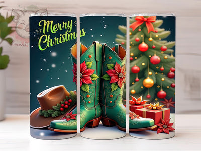 Merry Christmas Tumbler, Cowboy Boots Gift, Holiday Drinkware, Sublimation Wrap, Western Decor, Country Christmas, Festive Tumbler Sublimation Lara' s Designs 
