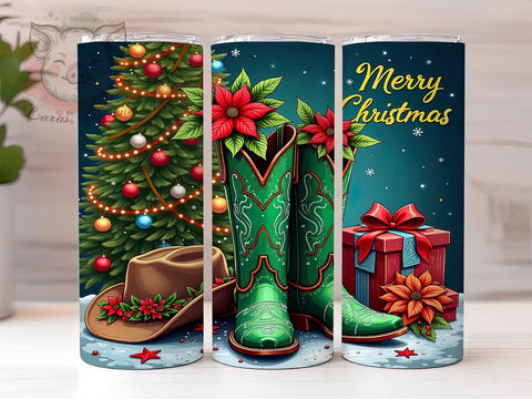 Merry Christmas Tumbler, Cowboy Boots Gift, Holiday Drinkware, Sublimation Wrap, Western Decor, Country Christmas, Festive Tumbler Sublimation Lara' s Designs 