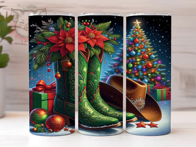 Merry Christmas Tumbler, Cowboy Boots Gift, Holiday Drinkware, Sublimation Wrap, Western Decor, Country Christmas, Festive Tumbler Sublimation Lara' s Designs 