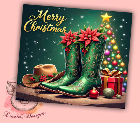 Merry Christmas Tumbler, Cowboy Boots Gift, Holiday Drinkware, Sublimation Wrap, Western Decor, Country Christmas, Festive Tumbler Sublimation Lara' s Designs 