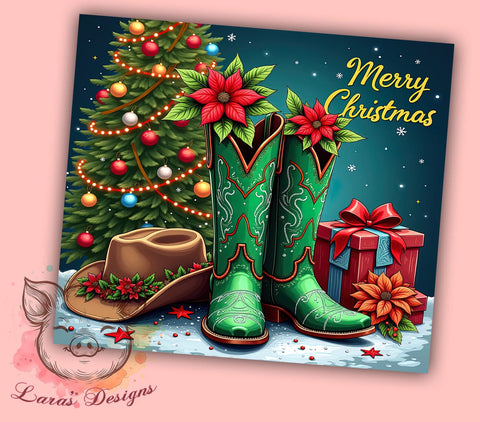 Merry Christmas Tumbler, Cowboy Boots Gift, Holiday Drinkware, Sublimation Wrap, Western Decor, Country Christmas, Festive Tumbler Sublimation Lara' s Designs 