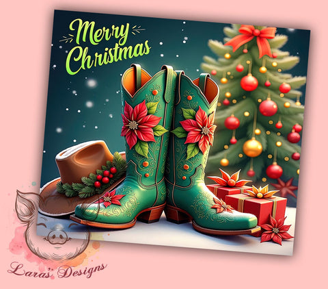 Merry Christmas Tumbler, Cowboy Boots Gift, Holiday Drinkware, Sublimation Wrap, Western Decor, Country Christmas, Festive Tumbler Sublimation Lara' s Designs 