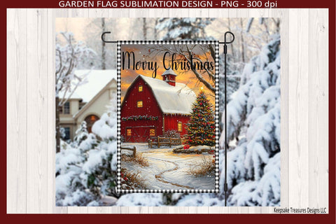 Merry Christmas Winter Barn Scene, Garden Flag Sublimation Png Template, Digital Download Sublimation Keepsake Treasures Designs LLC. 