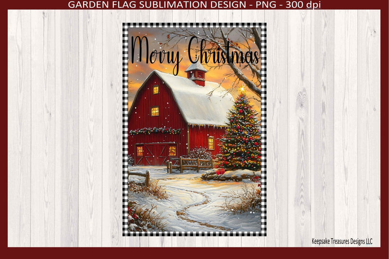 Merry Christmas Winter Barn Scene, Garden Flag Sublimation Png Template, Digital Download Sublimation Keepsake Treasures Designs LLC. 
