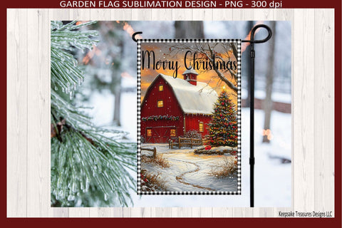 Merry Christmas Winter Barn Scene, Garden Flag Sublimation Png Template, Digital Download Sublimation Keepsake Treasures Designs LLC. 