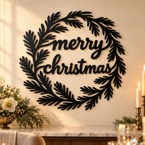 Merry Christmas Wreath Laser SVG | Christmas Door Hanger DXF | Pine Branch Metal Wall Art | Holiday Plasma Cutting File SVG HappyDesignStudio 
