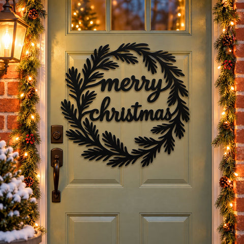 Merry Christmas Wreath Laser SVG | Christmas Door Hanger DXF | Pine Branch Metal Wall Art | Holiday Plasma Cutting File SVG HappyDesignStudio 