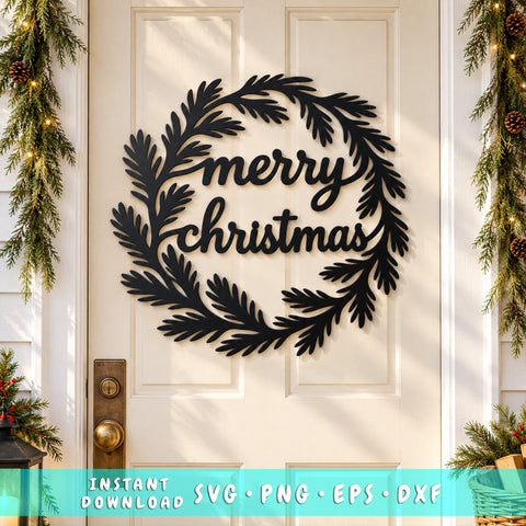 Merry Christmas Wreath Laser SVG | Christmas Door Hanger DXF | Pine Branch Metal Wall Art | Holiday Plasma Cutting File SVG HappyDesignStudio 