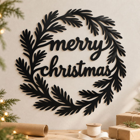 Merry Christmas Wreath Laser SVG | Christmas Door Hanger DXF | Pine Branch Metal Wall Art | Holiday Plasma Cutting File SVG HappyDesignStudio 
