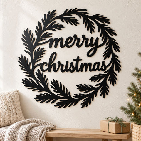 Merry Christmas Wreath Laser SVG | Christmas Door Hanger DXF | Pine Branch Metal Wall Art | Holiday Plasma Cutting File SVG HappyDesignStudio 