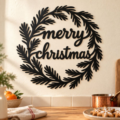 Merry Christmas Wreath Laser SVG | Christmas Door Hanger DXF | Pine Branch Metal Wall Art | Holiday Plasma Cutting File SVG HappyDesignStudio 