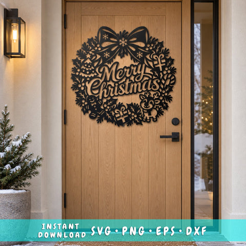 Merry Christmas Wreath Laser SVG | Reindeer Gingerbread Door Hanger DXF | Holiday Metal Wall Art | Christmas Plasma Cutting File SVG HappyDesignStudio 