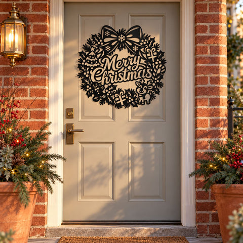 Merry Christmas Wreath Laser SVG | Reindeer Gingerbread Door Hanger DXF | Holiday Metal Wall Art | Christmas Plasma Cutting File SVG HappyDesignStudio 