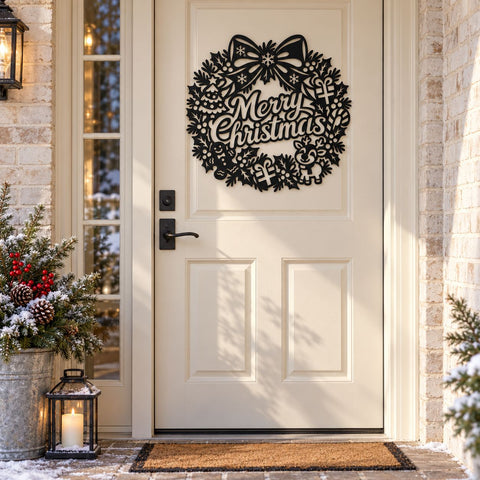 Merry Christmas Wreath Laser SVG | Reindeer Gingerbread Door Hanger DXF | Holiday Metal Wall Art | Christmas Plasma Cutting File SVG HappyDesignStudio 