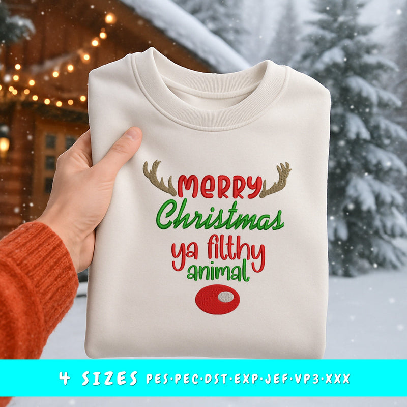 Merry Christmas Ya Filthy Animal Embroidery Design, Funny Holiday Saying, Christmas Machine Embroidery, Festive Pattern PES DST EXP Jef VP3 Embroidery/Applique DESIGNS HappyDesignStudio 