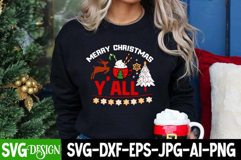 Merry Christmas Y'all SVG Cut File, Merry Christmas Y'all SVG Design, Merry Christmas Y'all Sublimation Design SVG BlackCatsMedia 