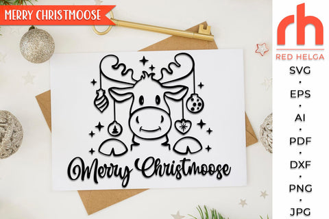 Merry Christmoose SVG, Moose with Baubles DXF, Christmas Scene Cut File, Xmas Window Decor, Holiday Design Vector, Winter Theme, Elk Outline SVG RedHelgaArt 