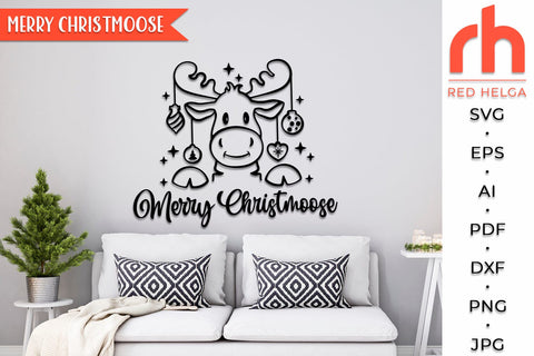 Merry Christmoose SVG, Moose with Baubles DXF, Christmas Scene Cut File, Xmas Window Decor, Holiday Design Vector, Winter Theme, Elk Outline SVG RedHelgaArt 