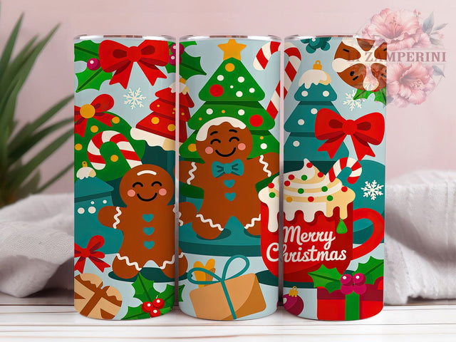 Merry Gingerbread Christmas Tumbler, Merry Christmas Wrap, Cute Gingerbread Design, Sublimation Cup, 20oz Skinny Tumbler, Holiday Cookie Drinkware, Festive Christmas Style Sublimation Li Zamperini 