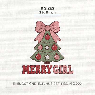Merry Girl Christmas Embroidery Design – Pink Bow Christmas Tree Coquette Holiday Machine Embroidery File Embroidery/Applique DESIGNS PatternFeed8 